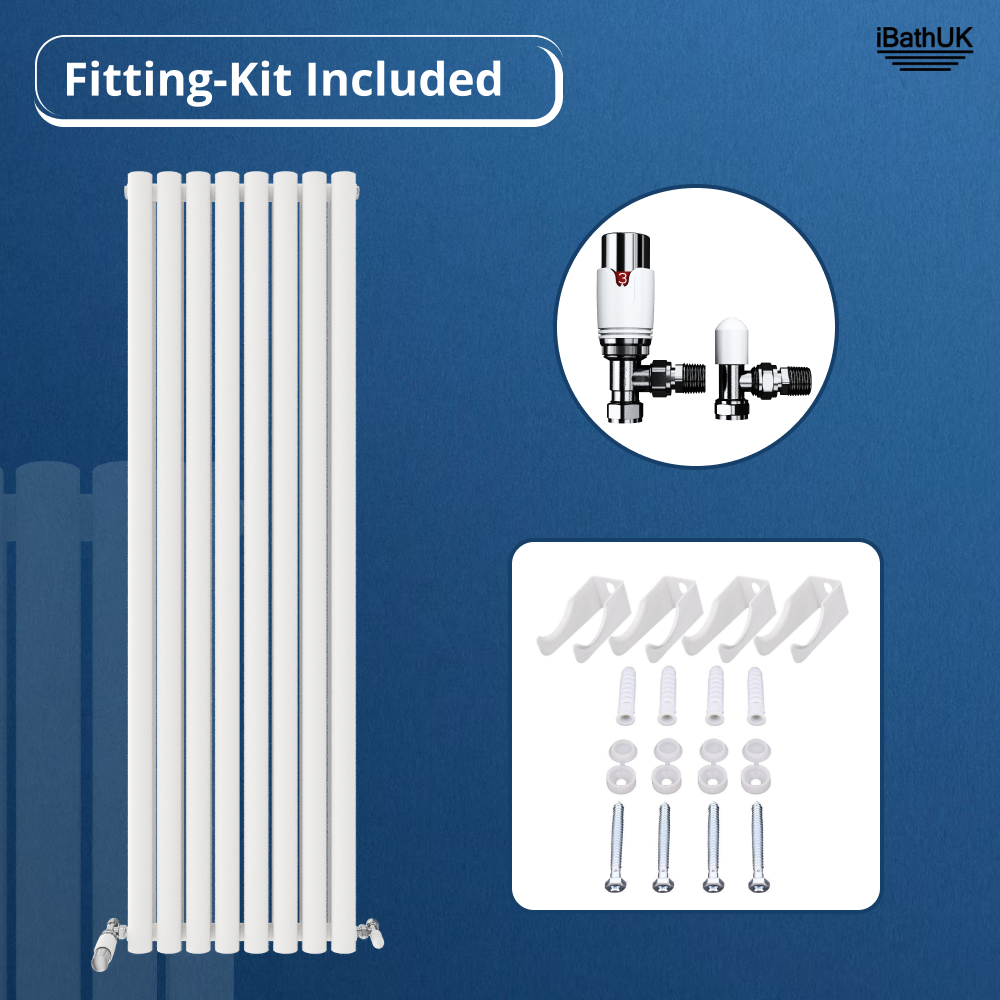 Princia Vertical Double Oval Panel Radiator White 1600 x 480mm + Angled Valve