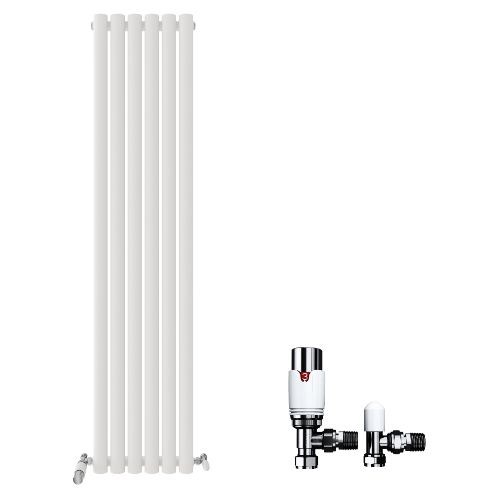 Princia Vertical Single Oval Panel Radiator White 1600 x 480mm + Angled Valve