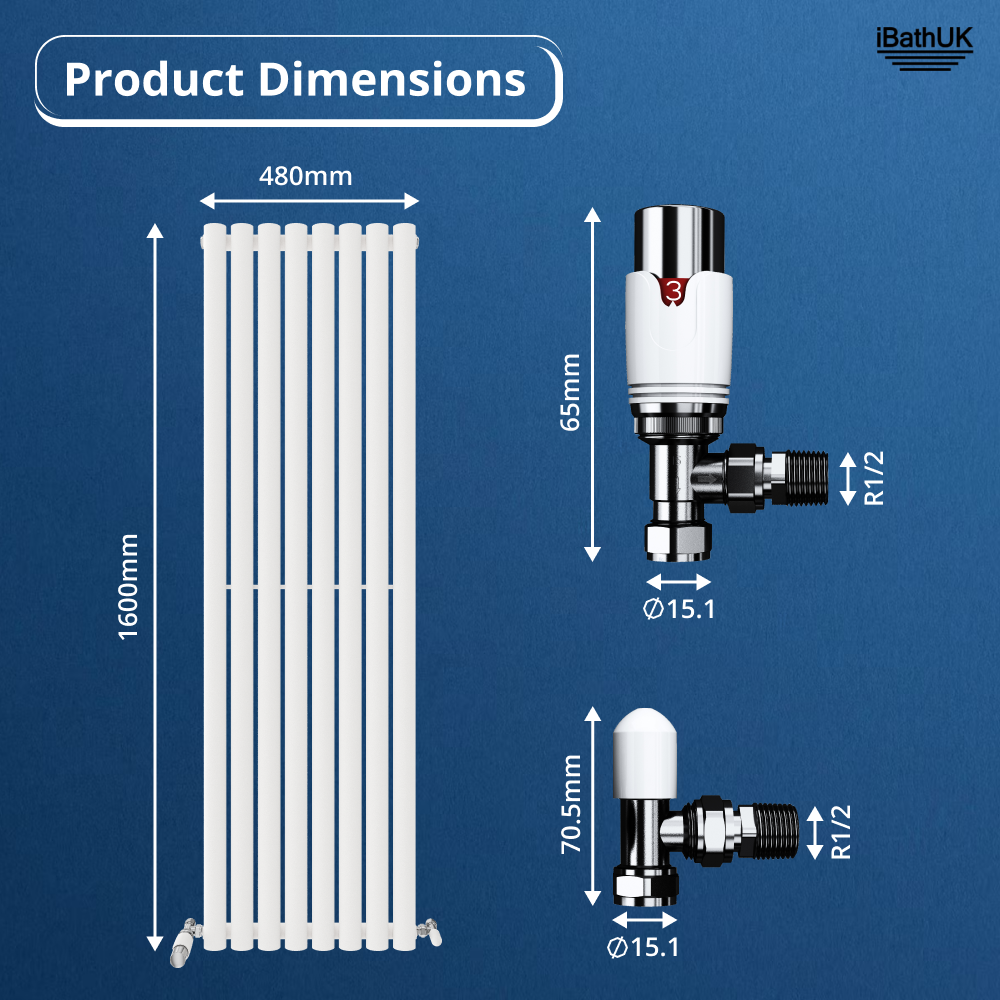 Princia Vertical Single Oval Panel Radiator White 1600 x 480mm + Angled Valve