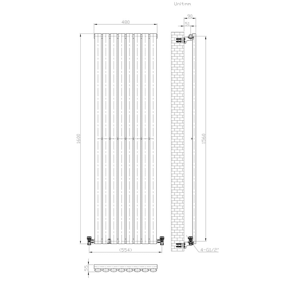 Princia Vertical Single Oval Panel Radiator White 1600 x 480mm + Angled Valve