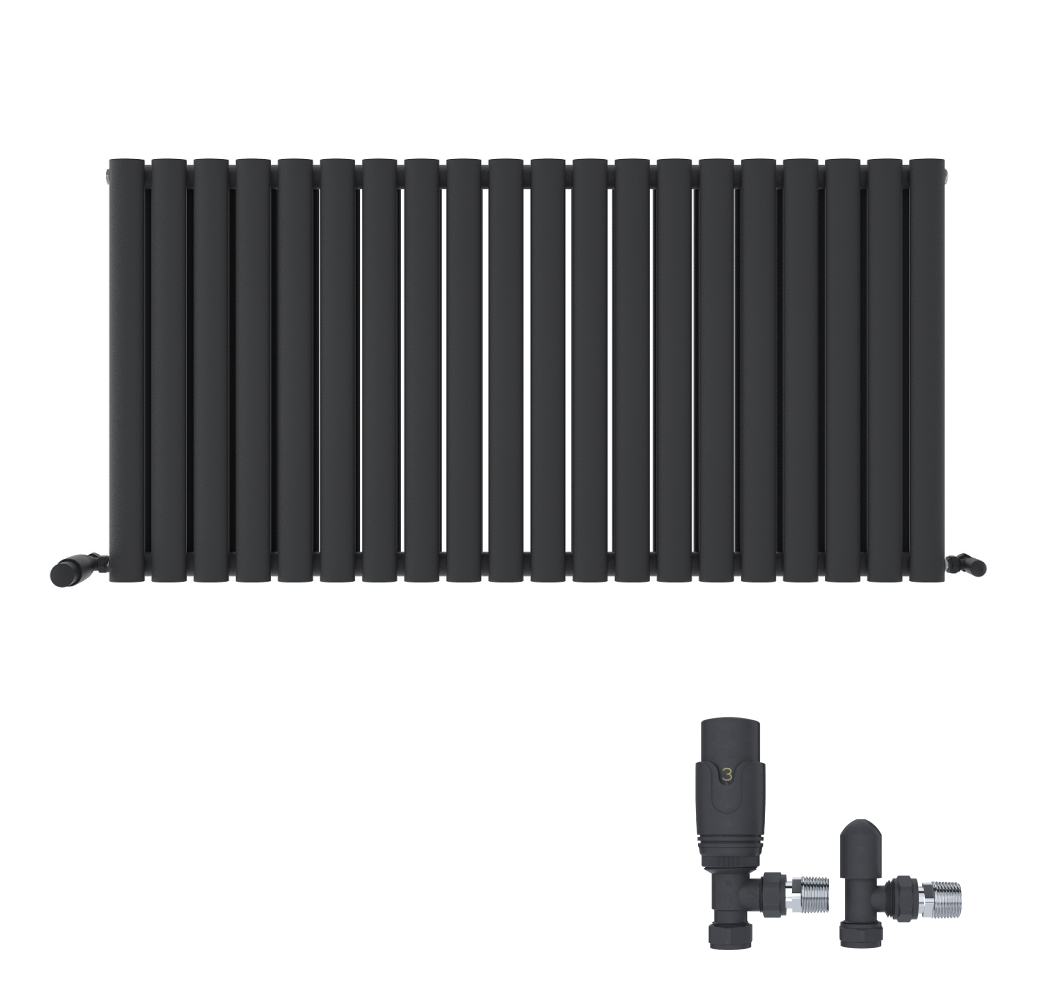 iBathUK Strata Horizontal Double Panel Oval Radiator, Wall Mounted Designer Radiator with Angled Valve, Matt White, 600 x 1620mm