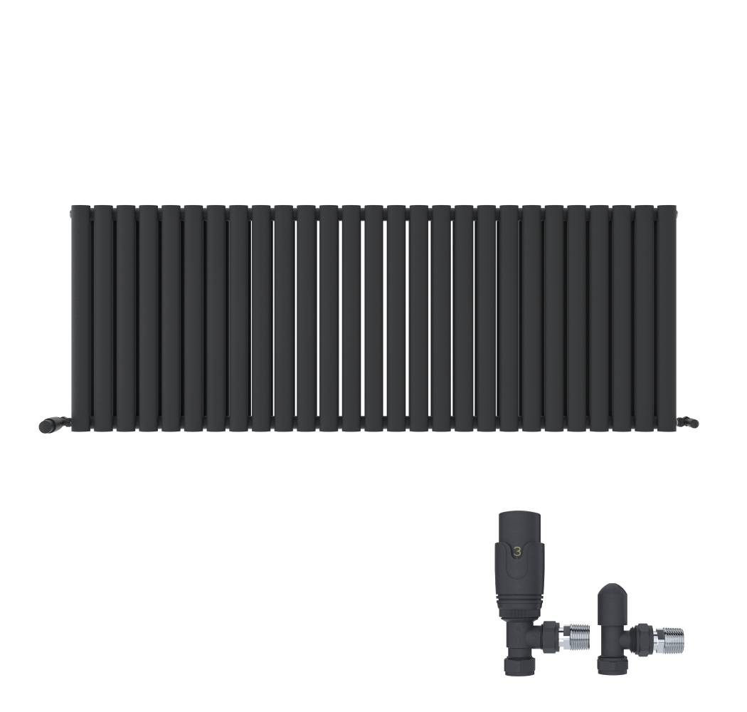 iBathUK Strata Horizontal Double Panel Oval Radiator, Wall Mounted Designer Radiator with Angled Valve, Matt White, 600 x 1620mm