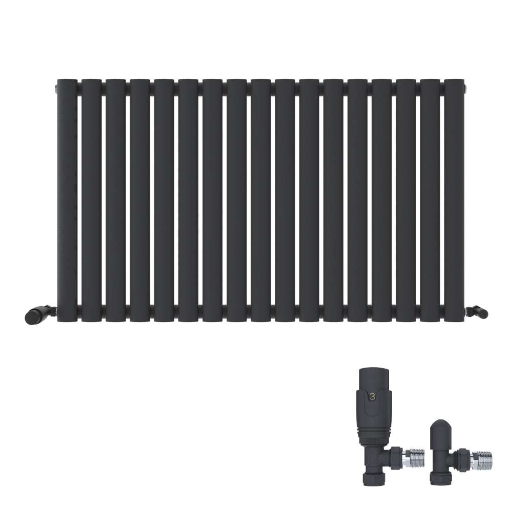 iBathUK Strata Horizontal Single Panel Oval Radiator, Wall Mounted Designer Radiator with Angled Valve, Matt White, 600 x 1440mm