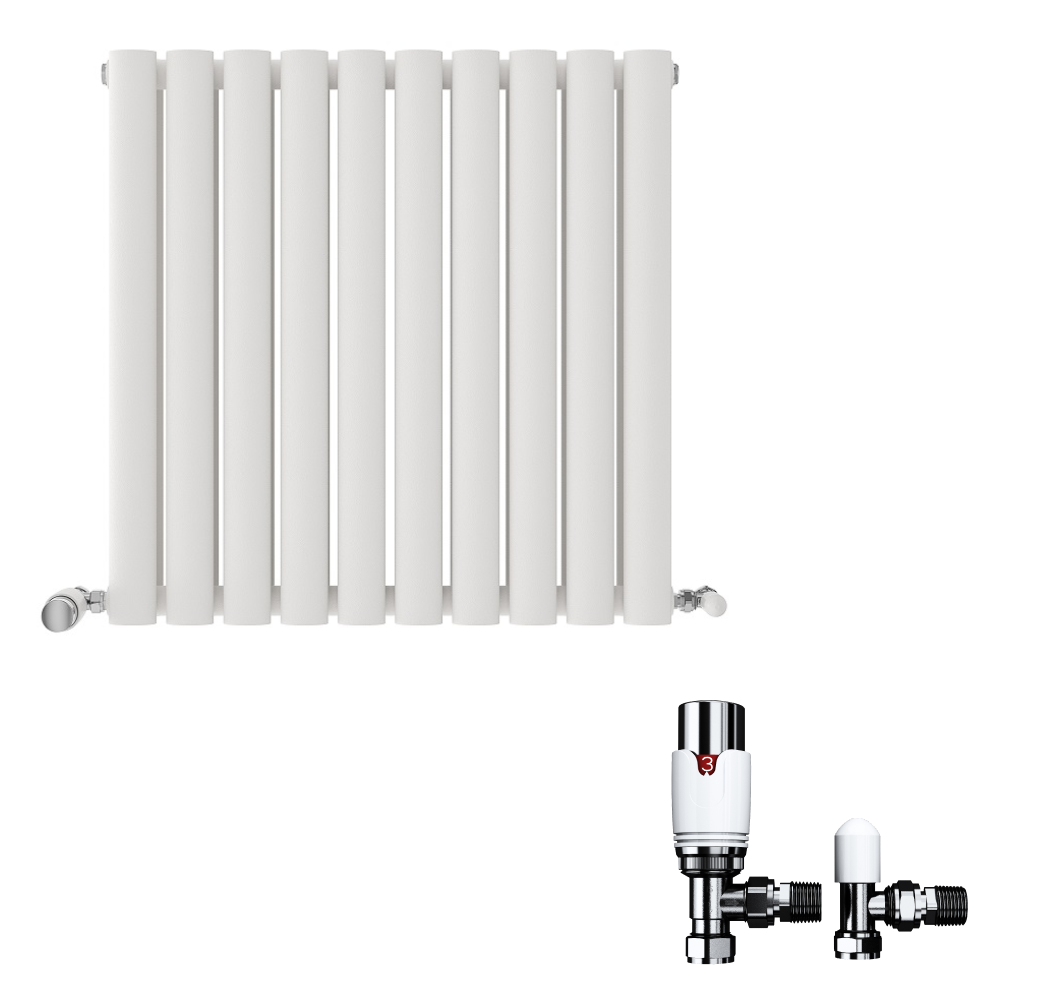 iBathUK Strata Horizontal Double Panel Oval Radiator, Wall Mounted Designer Radiator with Angled Valve, Matt White, 600 x 1620mm