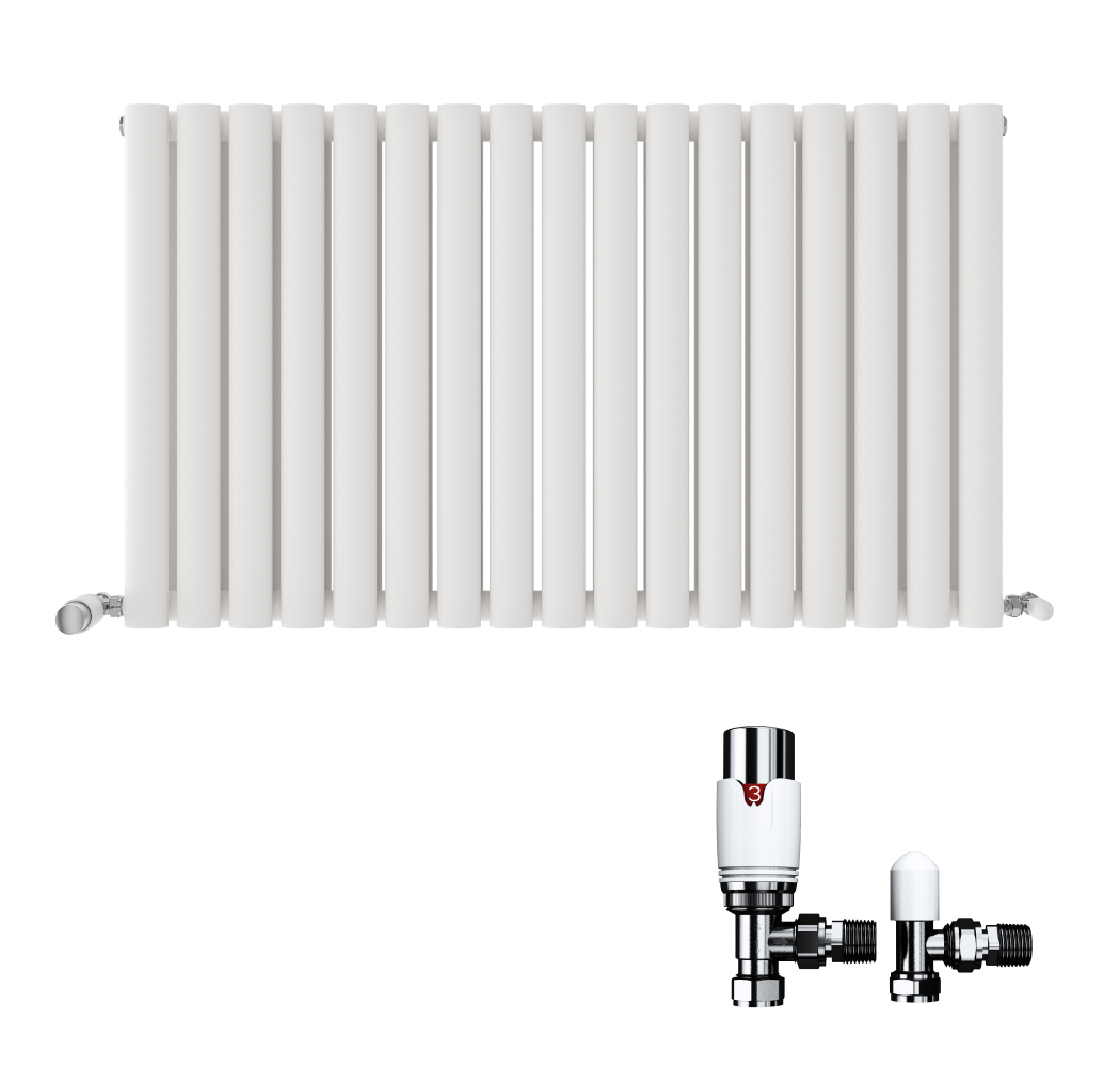 iBathUK Strata Horizontal Double Panel Oval Radiator, Wall Mounted Designer Radiator with Angled Valve, Matt White, 600 x 1620mm