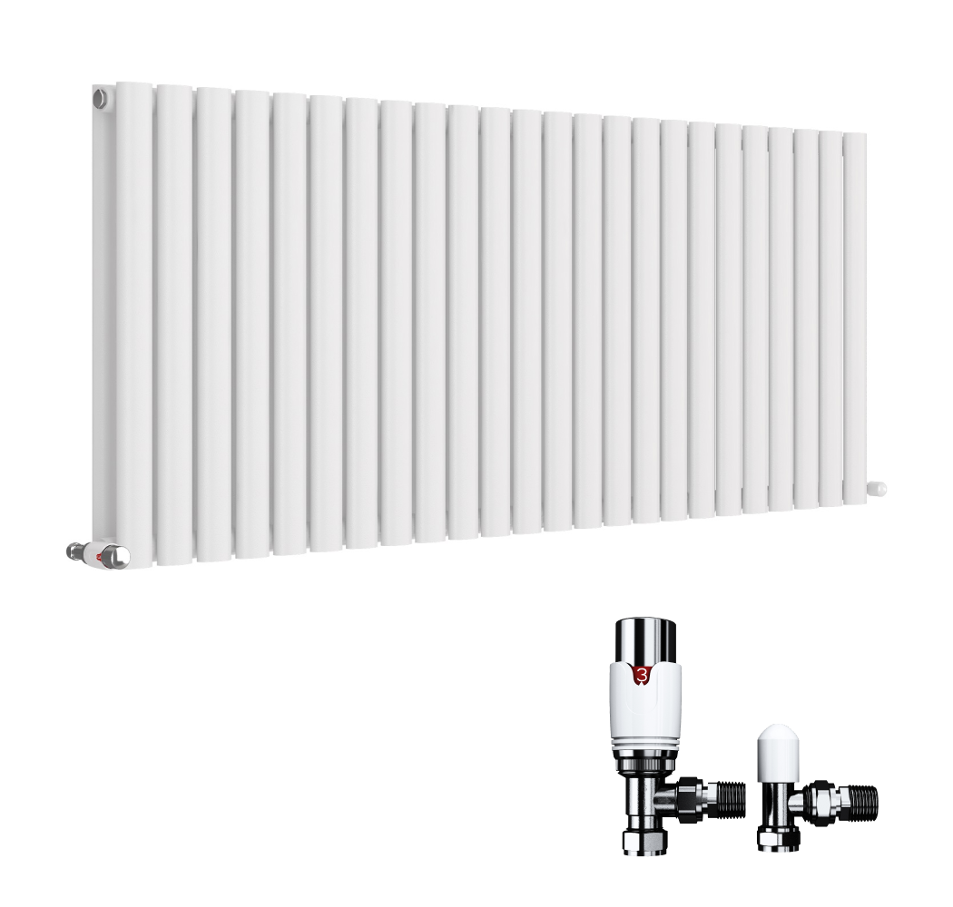 iBathUK Strata Horizontal Double Panel Oval Radiator, Wall Mounted Designer Radiator with Angled Valve, Matt White, 600 x 1620mm