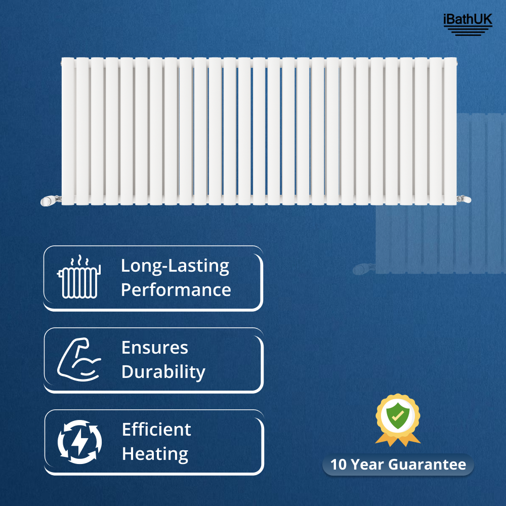 iBathUK Strata Horizontal Double Panel Oval Radiator, Wall Mounted Designer Radiator with Angled Valve, Matt White, 600 x 1620mm