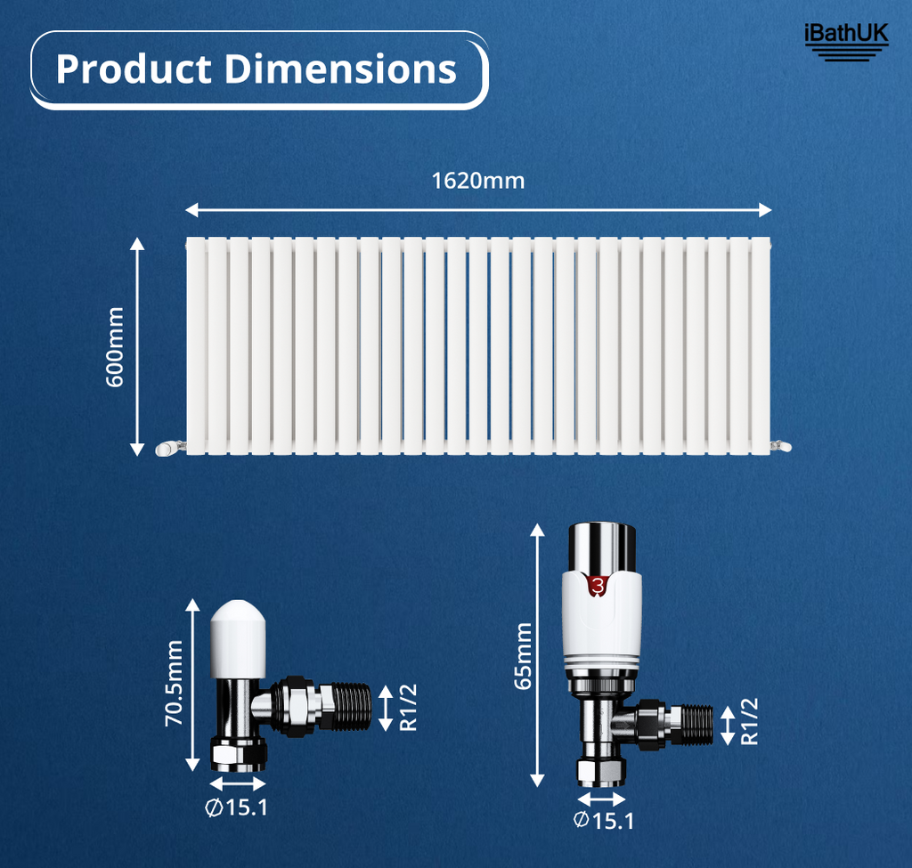 iBathUK Strata Horizontal Double Panel Oval Radiator, Wall Mounted Designer Radiator with Angled Valve, Matt White, 600 x 1620mm