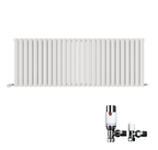 iBathUK Strata Horizontal Double Panel Oval Radiator, Wall Mounted Designer Radiator with Angled Valve, Matt White, 600 x 1620mm