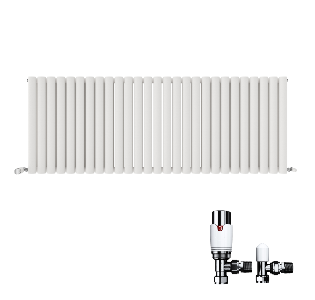 iBathUK Strata Horizontal Double Panel Oval Radiator, Wall Mounted Designer Radiator with Angled Valve, Matt White, 600 x 1620mm