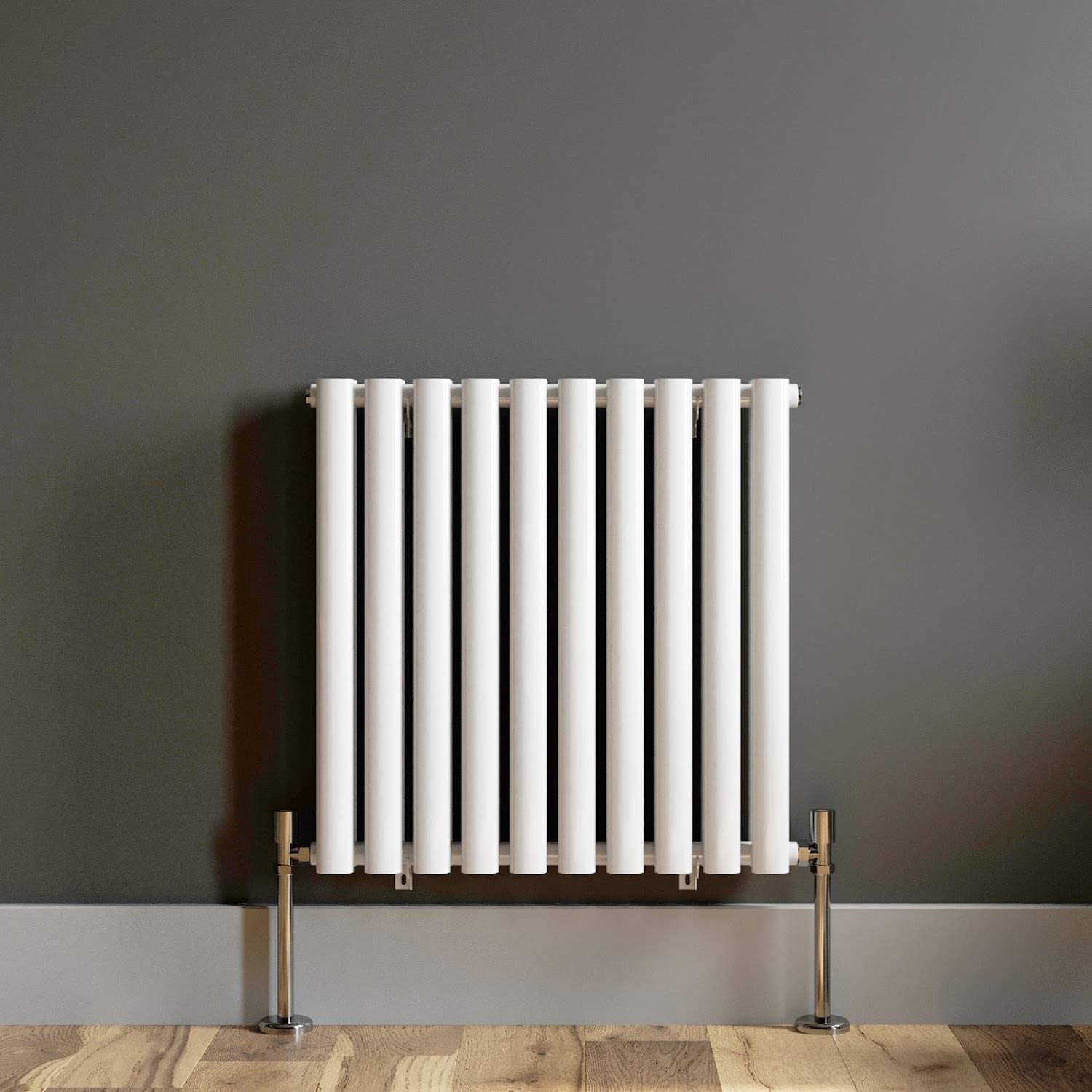 iBathUK Strata Horizontal Double Panel Oval Radiator, Wall Mounted Designer Radiator with Angled Valve, Matt White, 600 x 1620mm