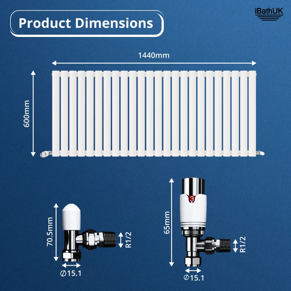 Princia Horizontal Single Oval Panel Radiator White 600 x 1440mm + Angled Valve
