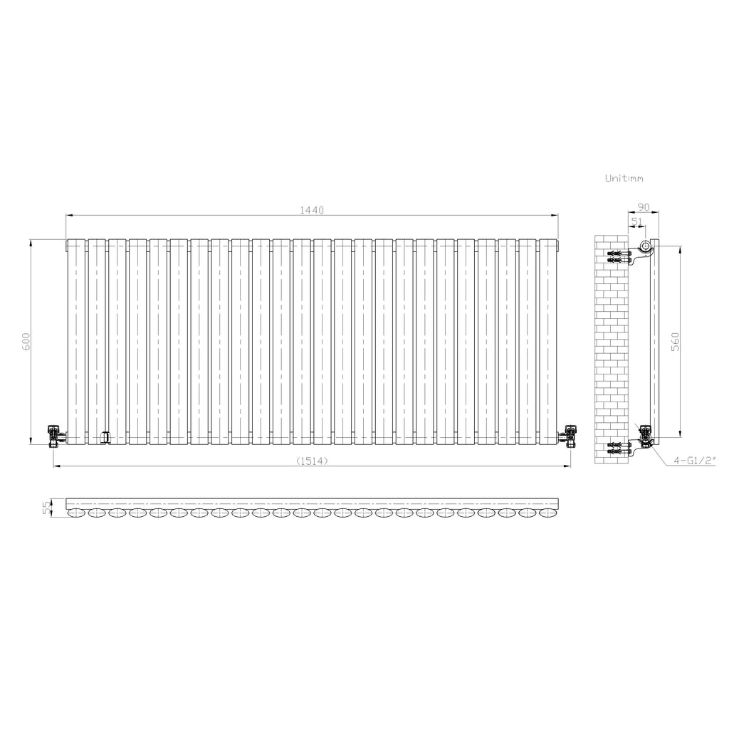 Princia Horizontal Single Oval Panel Radiator White 600 x 1440mm + Angled Valve