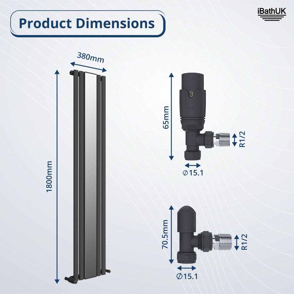 Diagram shows iBathUK Strata Princia Mirror Radiator in anthracite, 1800mm tall, 385mm wide. Includes angled valves: one 65mm and one 70.5mm high, both with R1/2 and Ø15.1mm fittings. iBathUK logo appears top right.