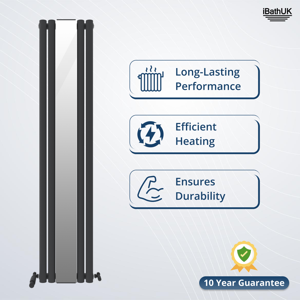 iBathUK Strata Princia Mirror Radiator, Vertical Single Panel, Angled Valve Included, Designer Radiator, Anthracite, 1800 x 385mm