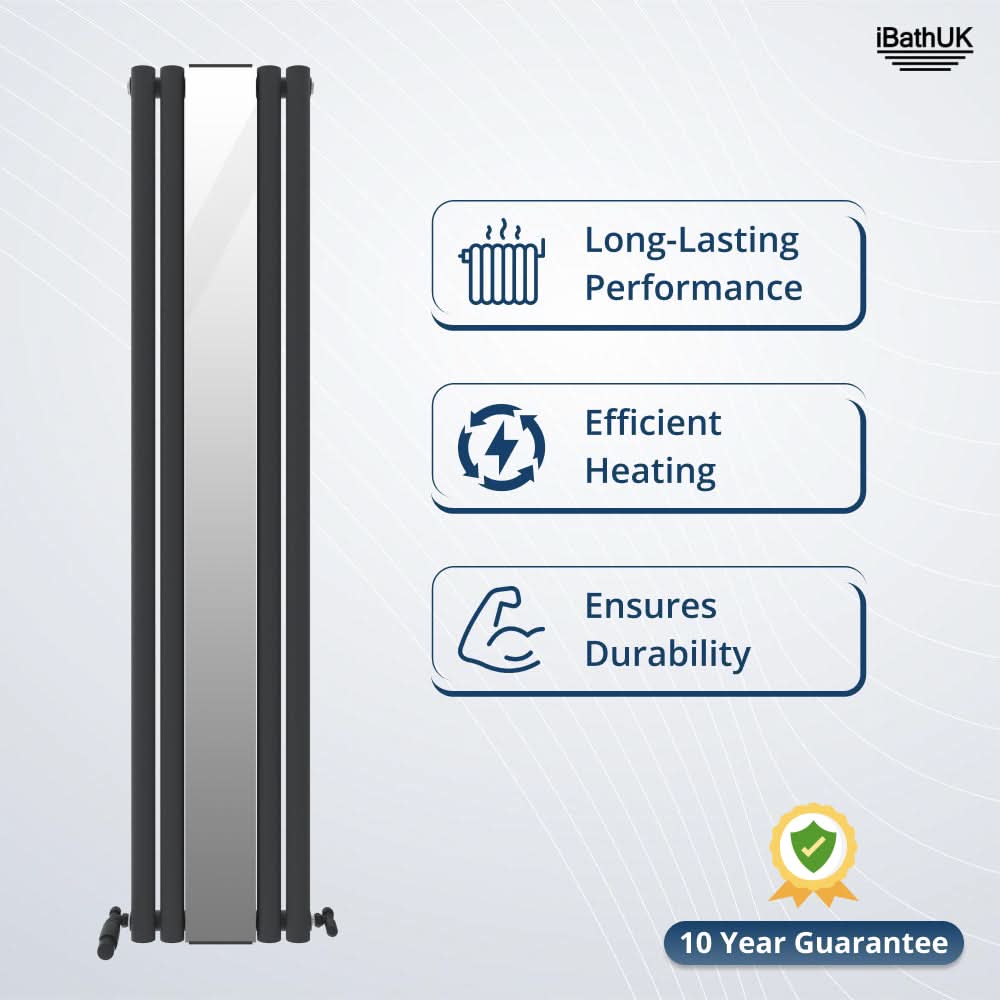 The iBathUK Strata Princia Mirror Radiator (1800 x 385mm, Anthracite) is a stylish, durable designer radiator with efficient heating, vertical single panel, angled valve included, and a 10 Year Guarantee—perfect for any modern space.