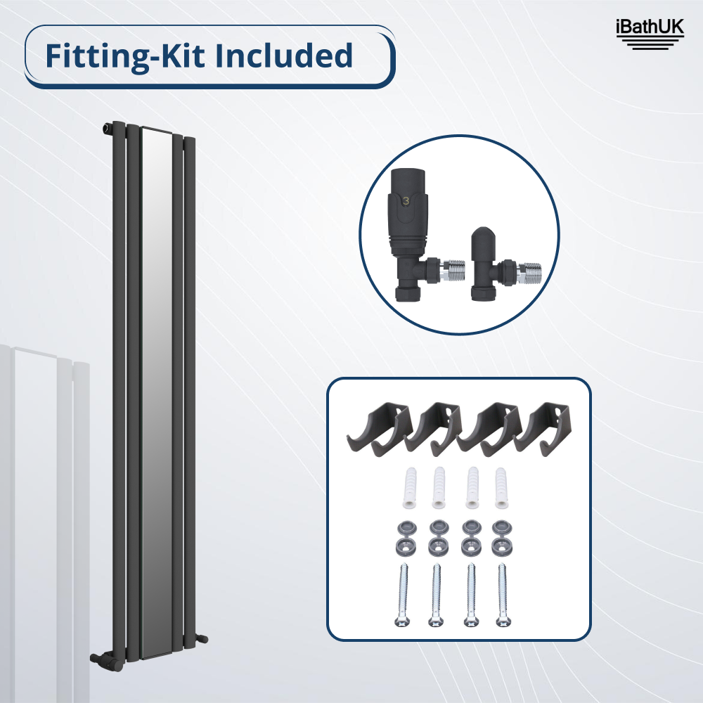 iBathUK Strata Princia Mirror Radiator, Vertical Single Panel, Angled Valve Included, Designer Radiator, Anthracite, 1800 x 385mm