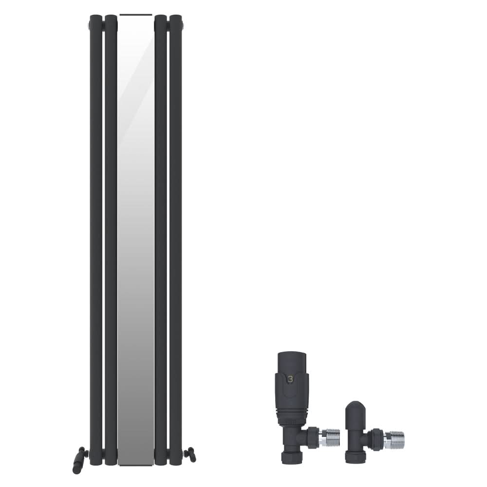 The iBathUK Strata Princia Mirror Radiator (1800 x 385mm, anthracite) is shown with a tall vertical mirror panel and black frame. To the right, angled radiator valves are separately displayed on a white background.