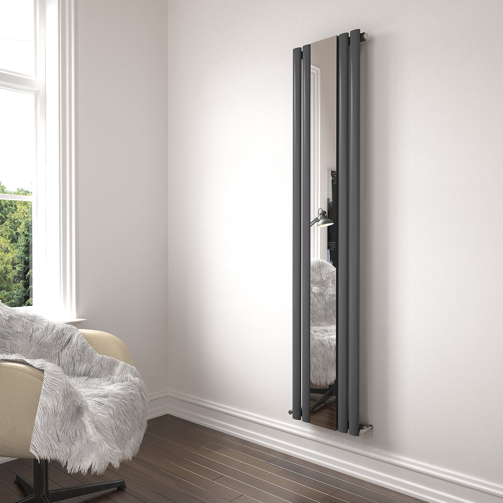 iBathUK Strata Princia Mirror Radiator, Vertical Single Panel, Angled Valve Included, Designer Radiator, Anthracite, 1800 x 385mm