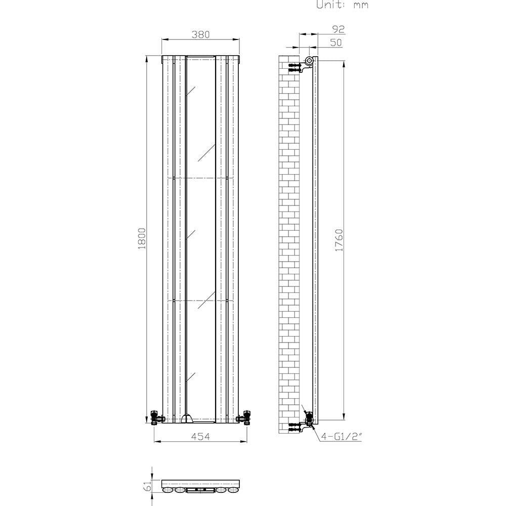 iBathUK Strata Princia Mirror Radiator, Vertical Single Panel, Angled Valve Included, Designer Radiator, Anthracite, 1800 x 385mm