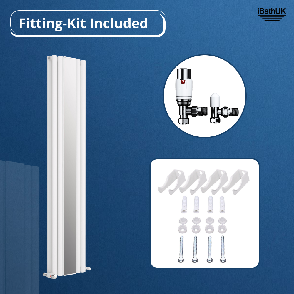 iBathUK Strata Vertical Double Panel Mirror Radiator, Wall Mounted Designer Radiator with Angled Valve, Matt White, 1800 x 385mm
