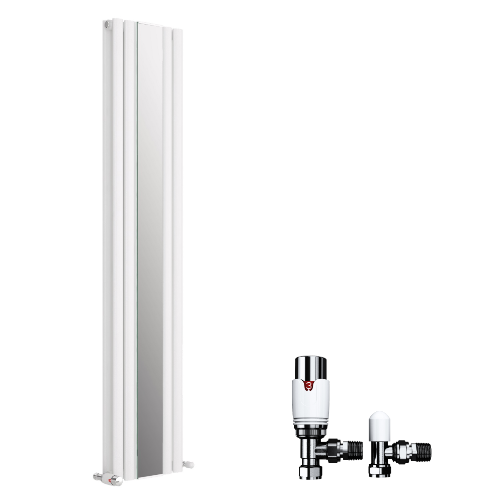 iBathUK Strata Vertical Double Panel Mirror Radiator, Wall Mounted Designer Radiator with Angled Valve, Matt White, 1800 x 385mm