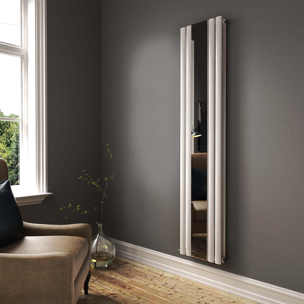 iBathUK Strata Vertical Double Panel Mirror Radiator, Wall Mounted Designer Radiator with Angled Valve, Matt White, 1800 x 385mm