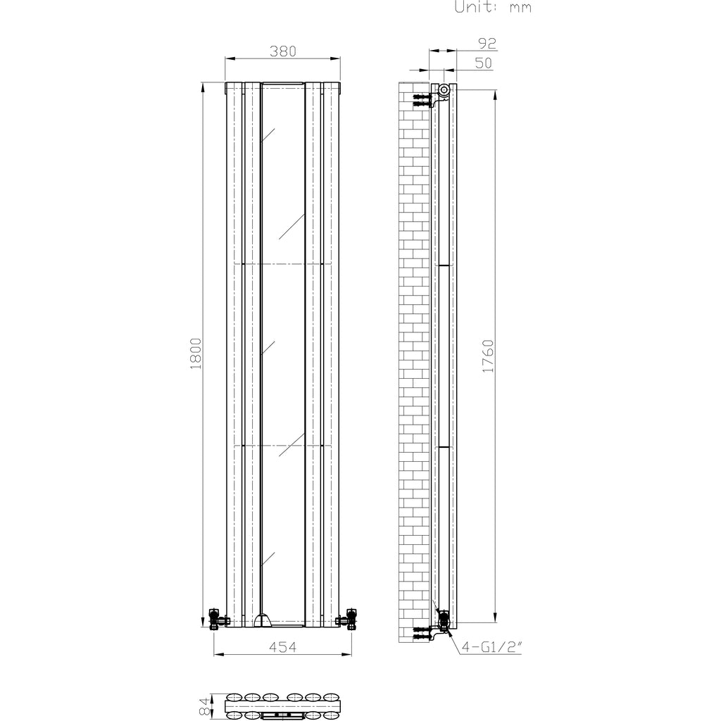 iBathUK Strata Vertical Double Panel Mirror Radiator, Wall Mounted Designer Radiator with Angled Valve, Matt White, 1800 x 385mm