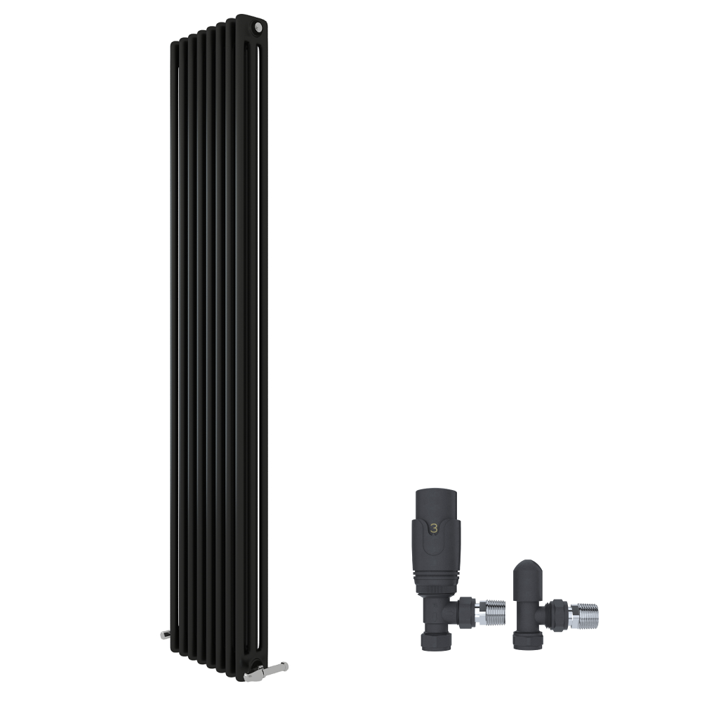iBathUK Regency Vertical Traditional 3 Column Designer Radiator with Angled Valve, Matt Anthracite 1800x560mm