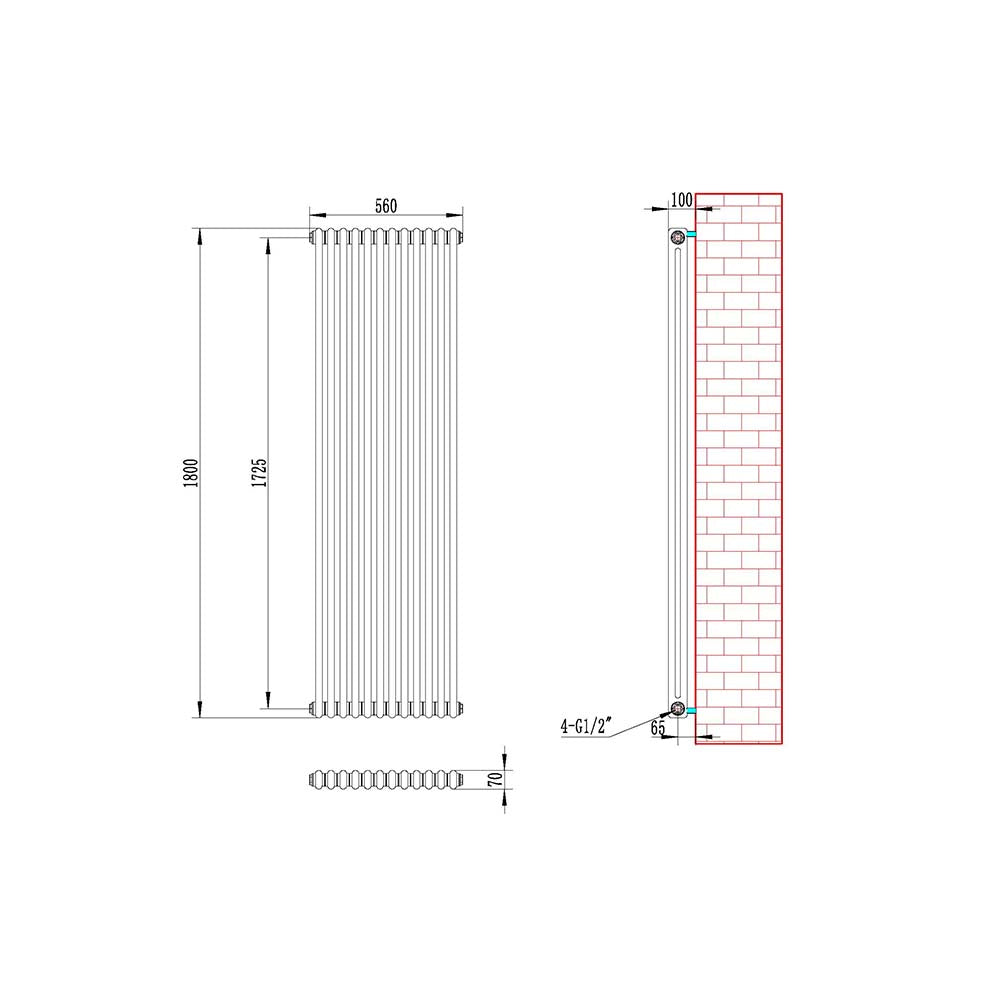 Anthracite 1800x560x70 two column Radiator + Angled Valve