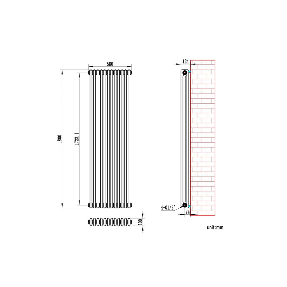Anthracite 1800x560x100 three column Radiator + Angled Valve