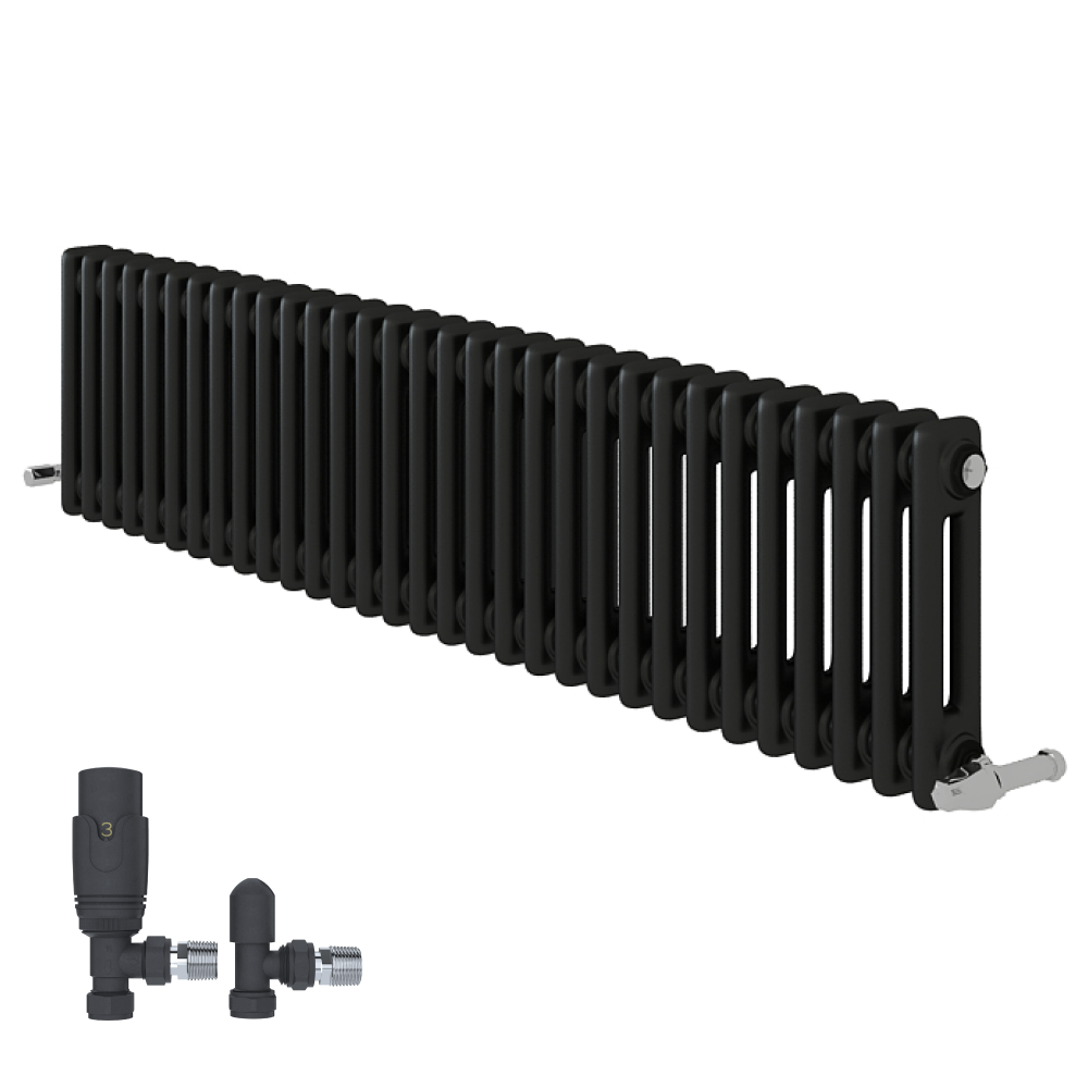 iBathUK Regency Horizontal Traditional Wall Mounted 2 Column Designer Radiator with Angled Valve, Matt Anthracite, 600x1190mm