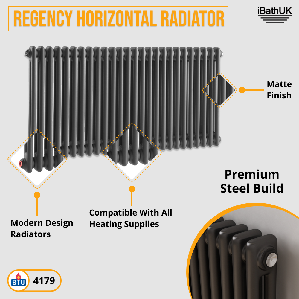 iBathUK Regency Horizontal Traditional Wall Mounted 2 Column Designer Radiator with Angled Valve, Matt Anthracite, 600x1190mm