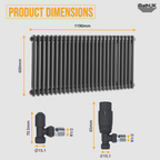 iBathUK Regency Horizontal Traditional Wall Mounted 2 Column Designer Radiator with Angled Valve, Matt Anthracite, 600x1190mm