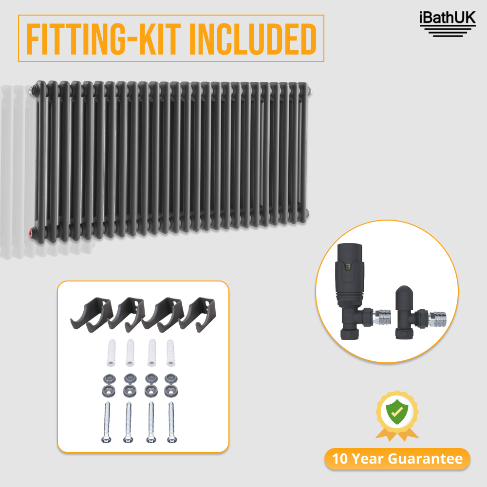 iBathUK Regency Horizontal Traditional Wall Mounted 2 Column Designer Radiator with Angled Valve, Matt Anthracite, 600x1190mm
