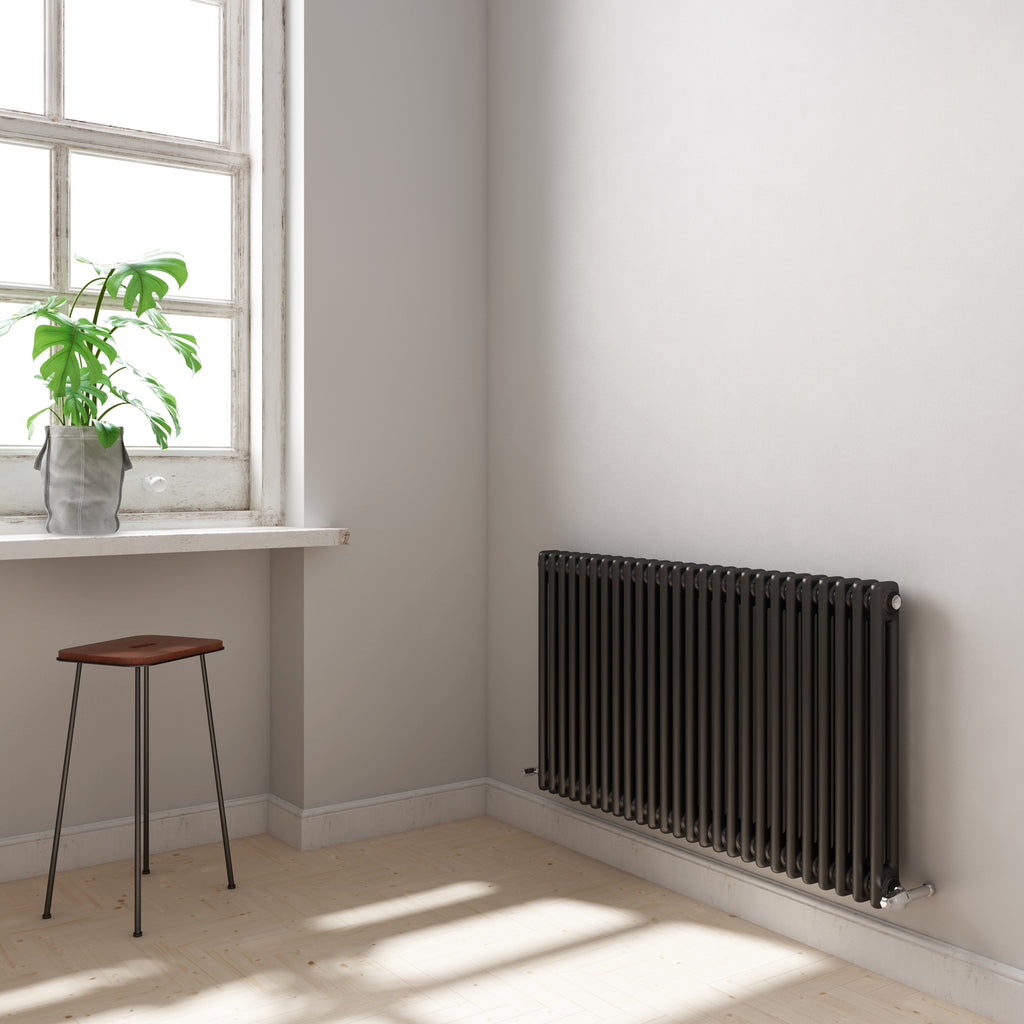iBathUK Regency Horizontal Traditional Wall Mounted 2 Column Designer Radiator with Angled Valve, Matt Anthracite, 600x1190mm