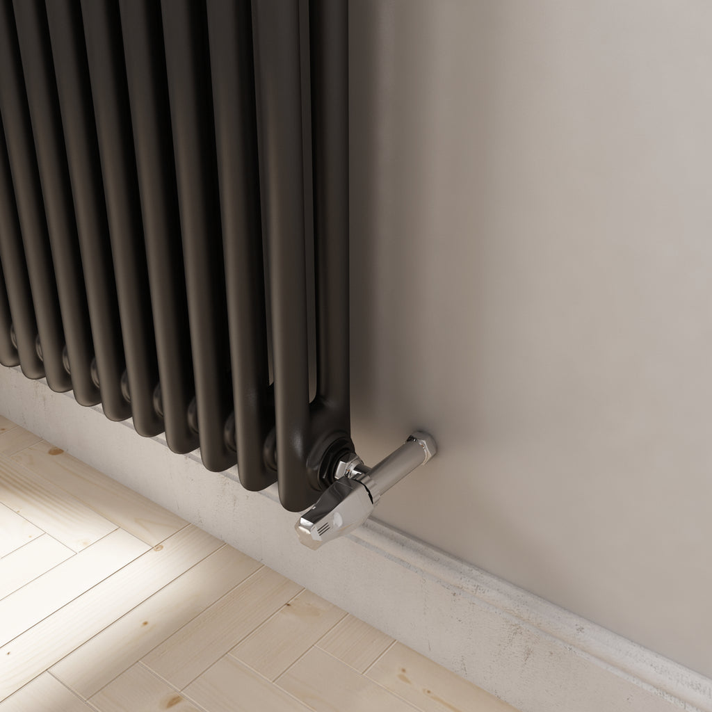 iBathUK Regency Horizontal Traditional Wall Mounted 2 Column Designer Radiator with Angled Valve, Matt Anthracite, 600x1190mm