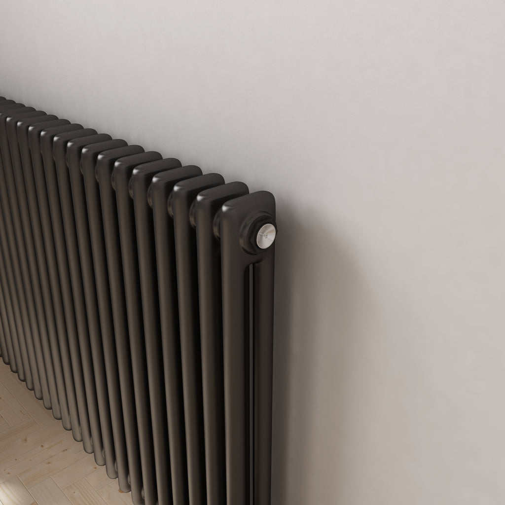 iBathUK Regency Horizontal Traditional Wall Mounted 2 Column Designer Radiator with Angled Valve, Matt Anthracite, 600x1190mm