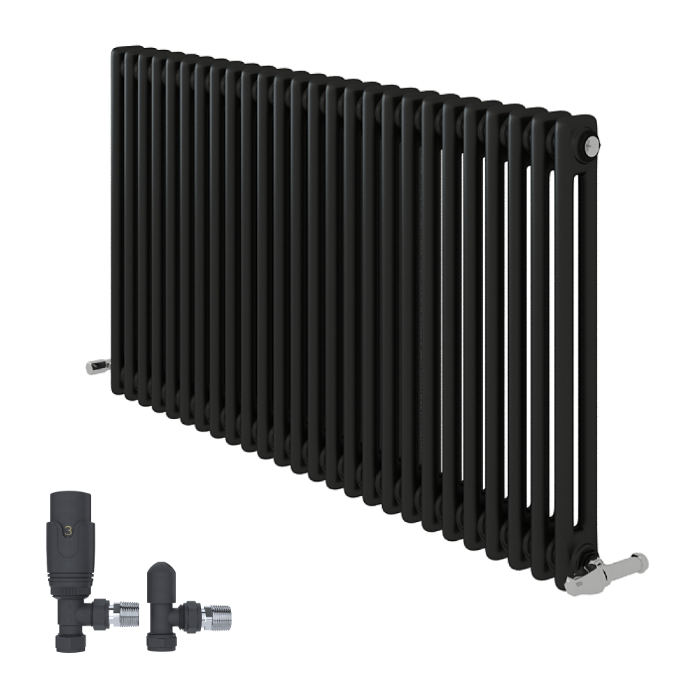 iBathUK Regency Horizontal Traditional Wall Mounted 2 Column Designer Radiator with Angled Valve, Matt Anthracite, 600x1190mm