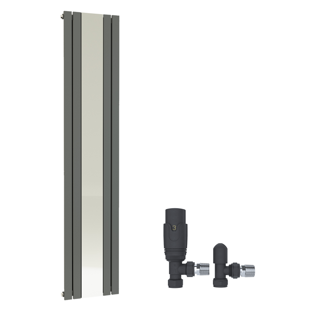 Belgravia Vertical Single Slim Flat Mirrored Panel Radiator Anthracite 1800mm x 605mm + Angled Valve