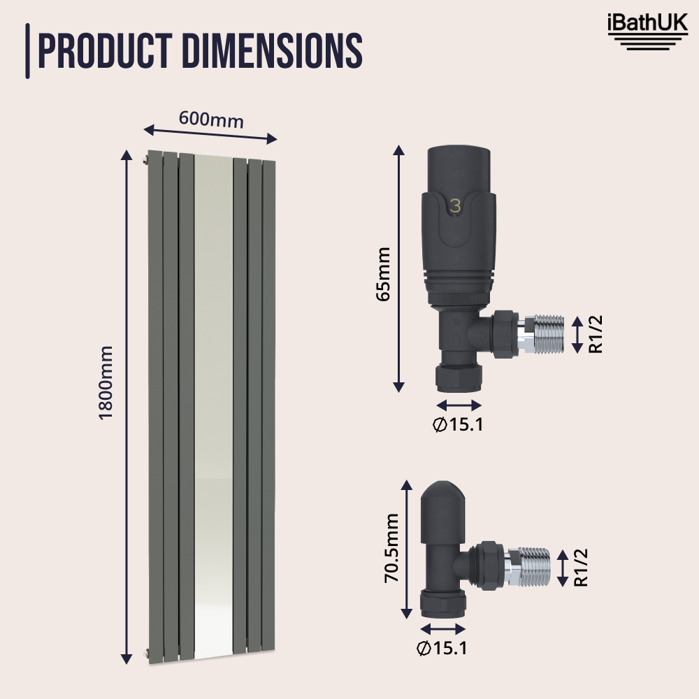 Belgravia Vertical Single Slim Flat Mirrored Panel Radiator Anthracite 1800mm x 605mm + Angled Valve