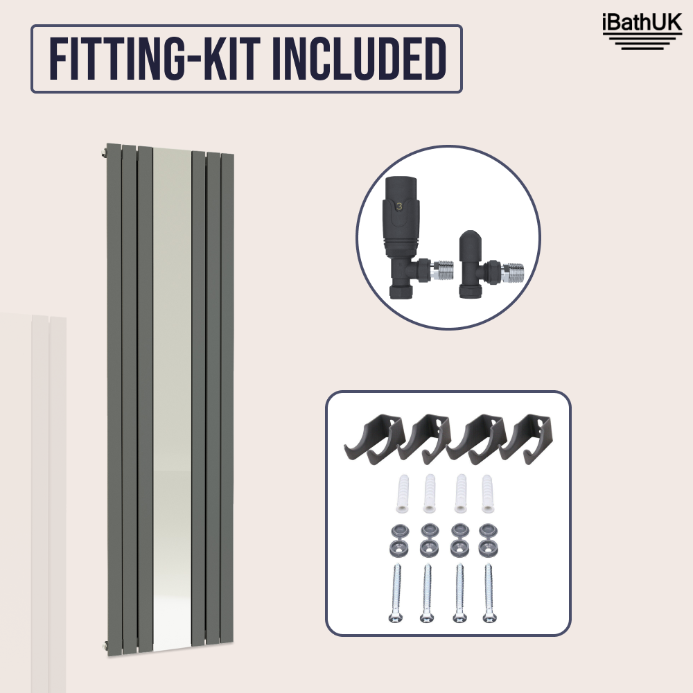 Belgravia Vertical Single Slim Flat Mirrored Panel Radiator Anthracite 1800mm x 605mm + Angled Valve