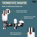 An infographic for the iBathUK Apex Vertical Double Panel Slim Flat Radiator, showcasing its sleek design and energy-saving features. Ideal with modern interiors. Blue background, white/yellow text, includes product images and key highlights.