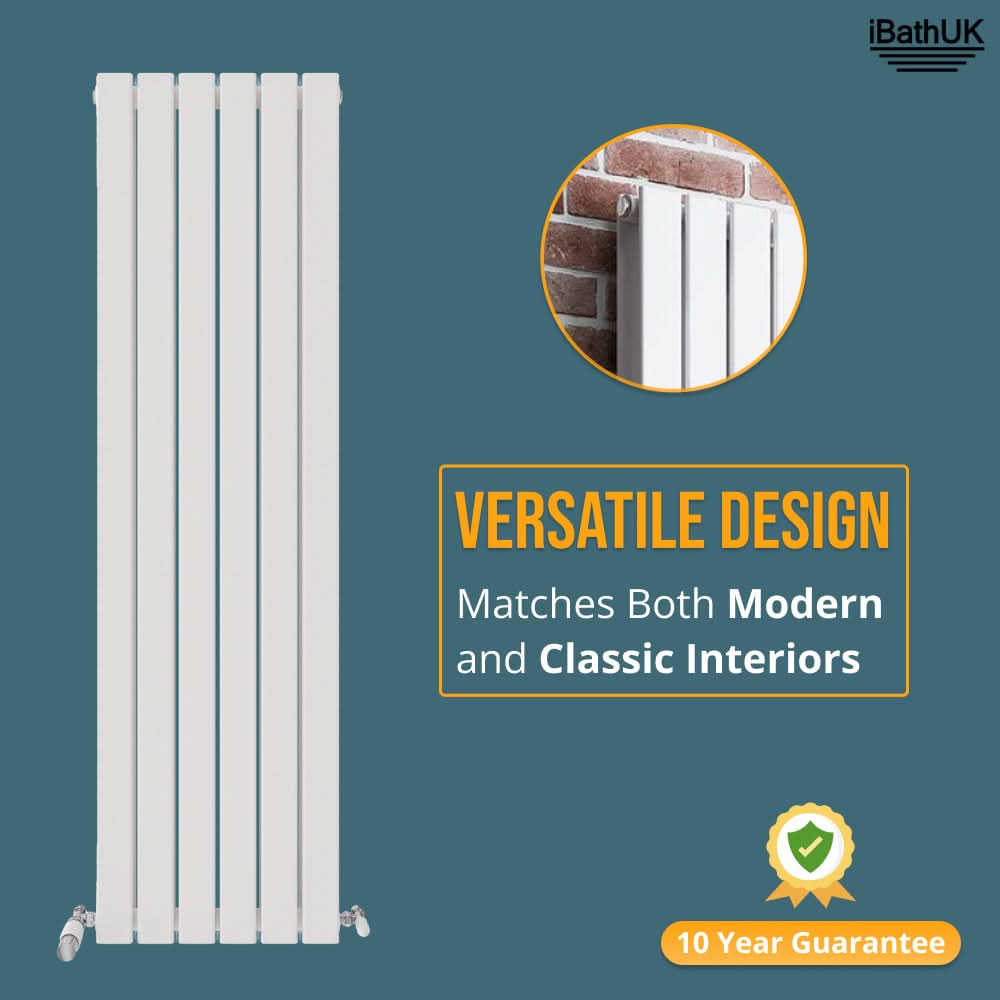 The iBathUK Apex Vertical Double Panel Slim Flat Radiator stands out on a blue background, with a close-up of its brick wall installation. Versatile design suits modern and classic spaces. 10 Year Guarantee. iBathUK logo top right.