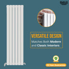 The iBathUK Apex Vertical Double Panel Slim Flat Radiator stands out on a blue background, with a close-up of its brick wall installation. Versatile design suits modern and classic spaces. 10 Year Guarantee. iBathUK logo top right.