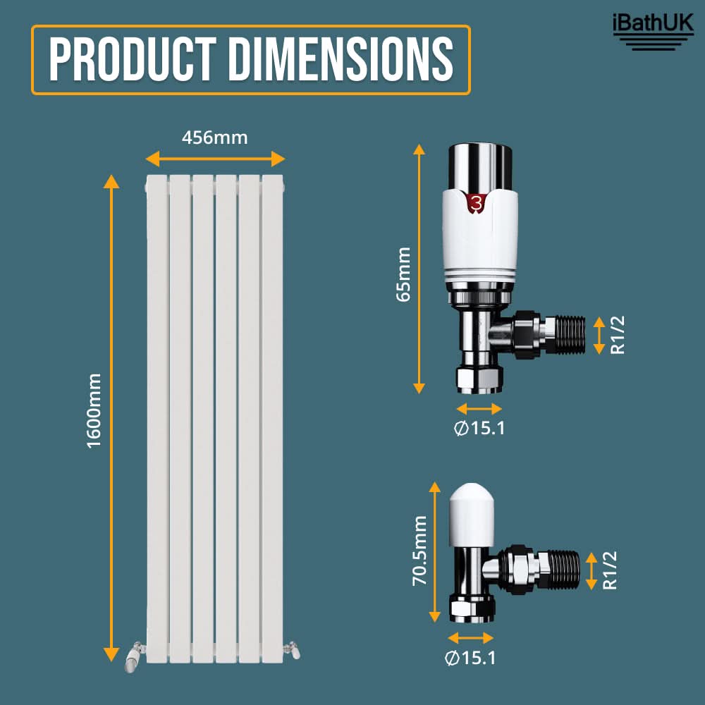 The iBathUK Apex Vertical Double Panel Slim Flat Designer Radiator, 1600mm high and 456mm wide, is shown in white with two valve diagrams featuring detailed measurements on a blue background.