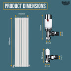 The iBathUK Apex Vertical Double Panel Slim Flat Designer Radiator, 1600mm high and 456mm wide, is shown in white with two valve diagrams featuring detailed measurements on a blue background.