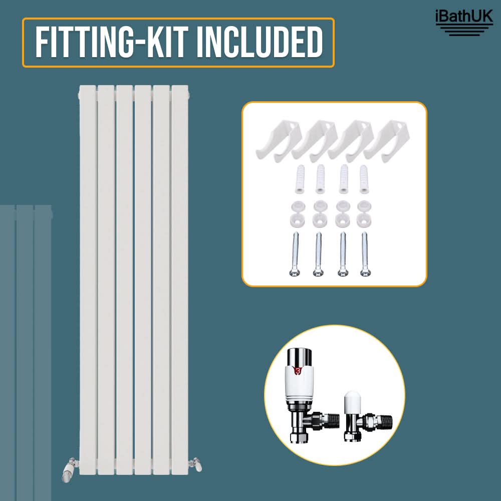 IBathUK Apex Vertical Double Panel Slim Flat Designer Radiator in white, shown with fitting kit—wall brackets, screws, plugs, and valves—on a blue background. FITTING-KIT INCLUDED is at the top with the iBathUK logo in the corner.