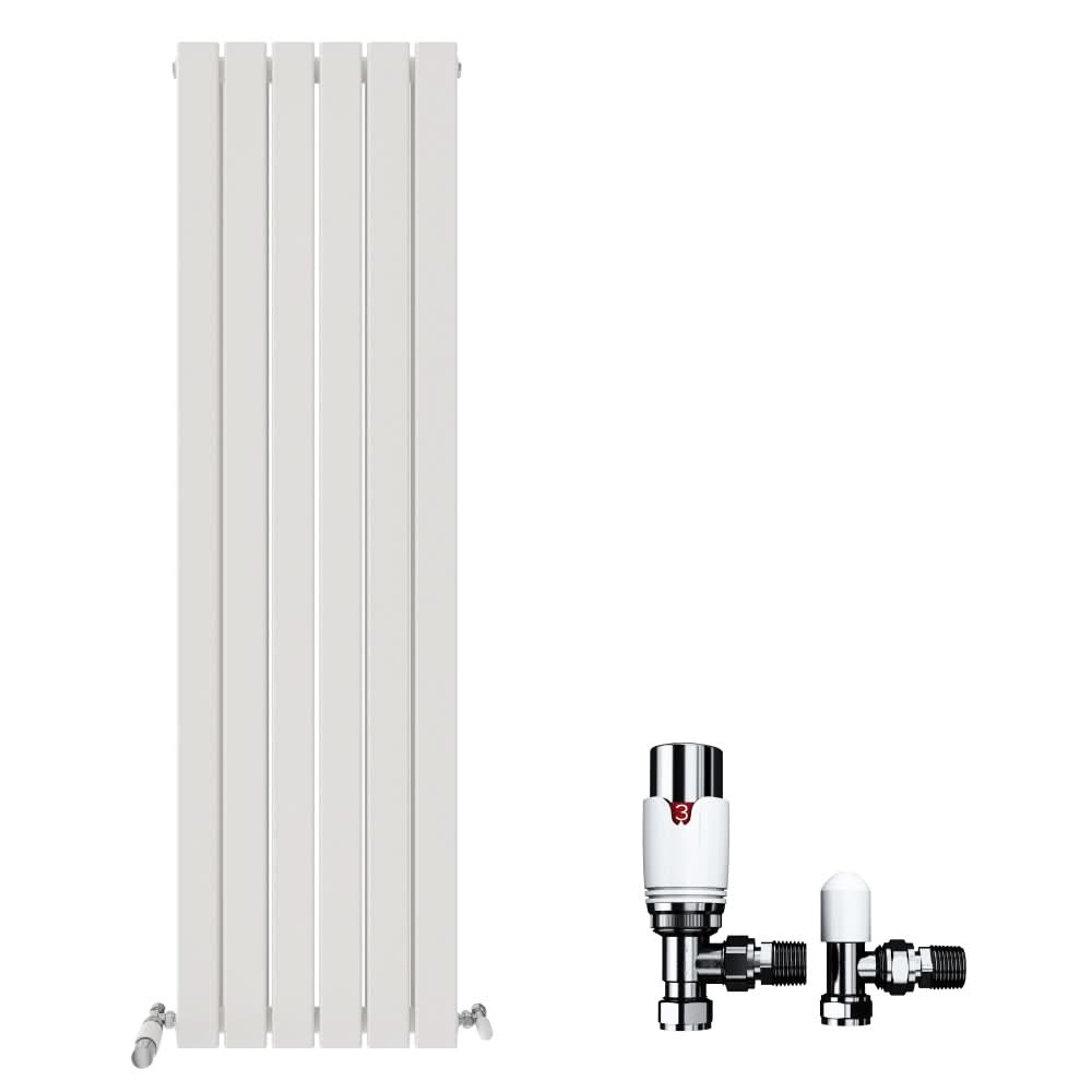 The iBathUK Apex Vertical Double Panel Slim Flat Radiator, a white designer radiator, is shown with two chrome and white valves from iBathUK against a plain white background.