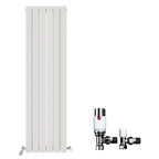 The iBathUK Apex Vertical Double Panel Slim Flat Radiator, a white designer radiator, is shown with two chrome and white valves from iBathUK against a plain white background.